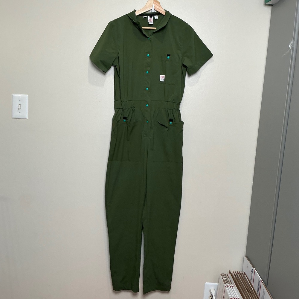 Topo Designs Short Sleeve Coverall Jumpsuit LARGE Green Snap Utility Stretch